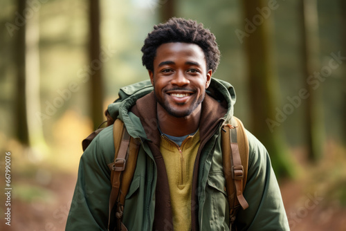 Man with backpack smiles for camera. This picture can be used to depict travel, adventure, or outdoor activities.