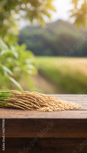 empty wooden table with blurred background of rice plants