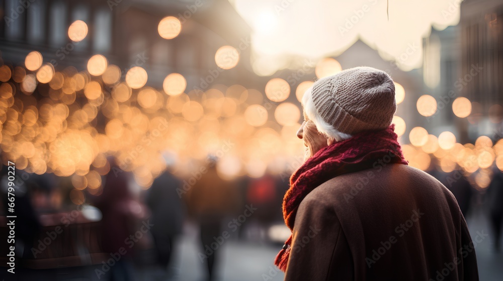 Elderly woman is standing in vibrant Christmas market. Old grandmother looking to festive decorations, twinkling lights and holiday ornaments that add magical touch to the market. Winter season vibe.