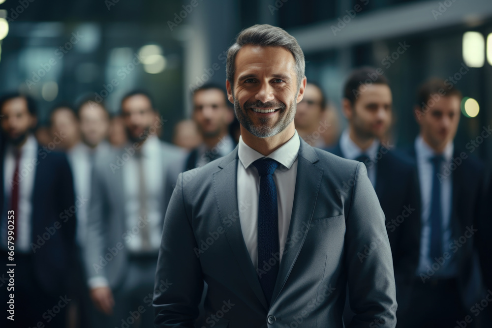 Professional man dressed in suit is standing confidently in front of diverse group of people. This image can be used to represent leadership, teamwork, or business presentations. Professional man dressed in suit is standing confidently in front of diverse group of people. This image can be used to represent leadership, teamwork, or business presentations.