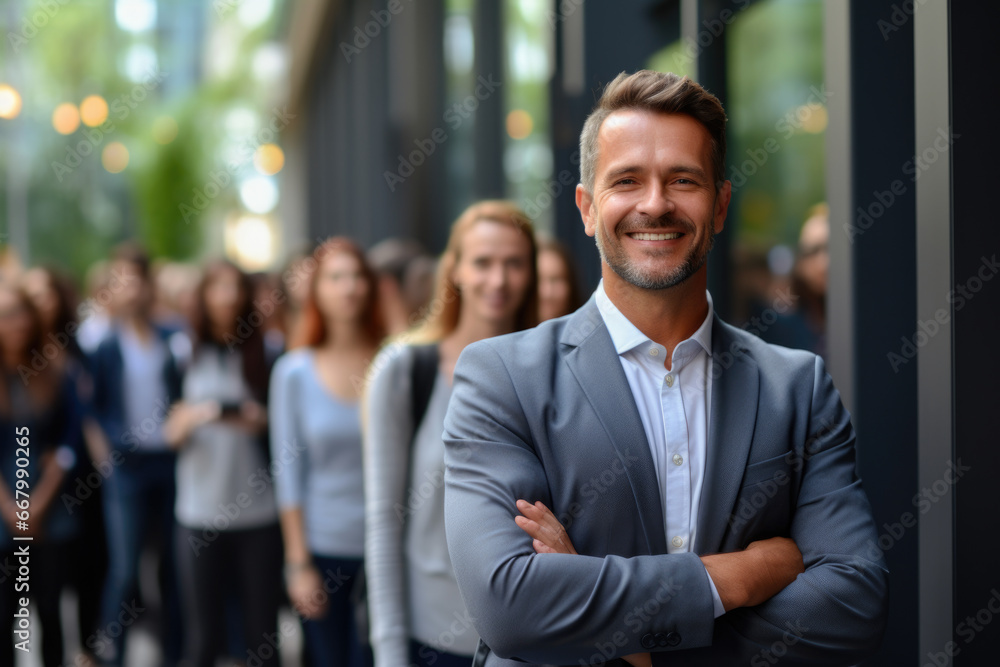 Man standing confidently in front of group of people. This image can be used to represent leadership, teamwork, or public speaking.