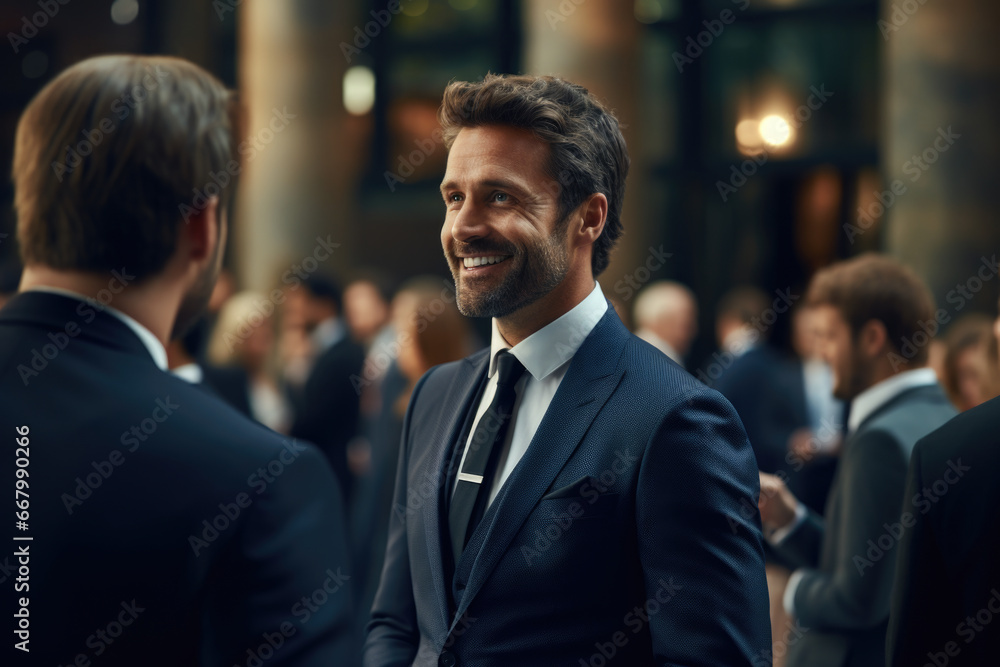 Picture of man in suit and tie smiling at another man in suit. This image can be used to depict professional interactions, networking, or friendly business relationships. Picture of man in suit and tie smiling at another man in suit. This image can be used to depict professional interactions, networking, or friendly business relationships.