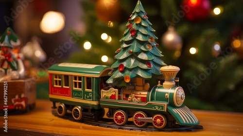 A vintage wooden toy train set circling a base of a decorated Christmas tree.