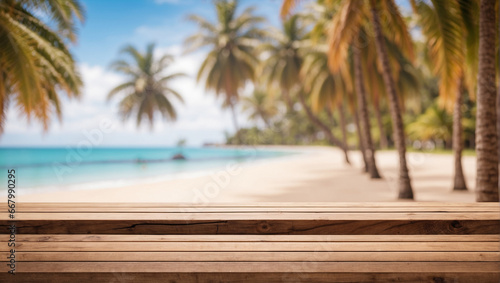 close up empty wooden table with blurred background of beach with coconut trees