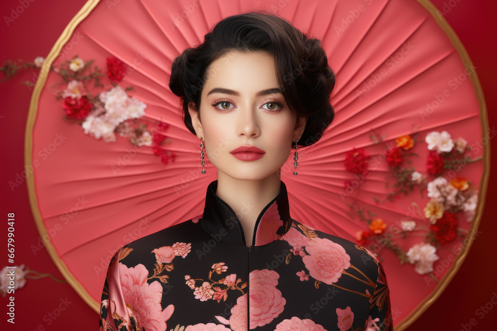 Fototapeta premium Woman wearing black and pink dress holding red umbrella. Perfect for fashion and rainy day concepts.