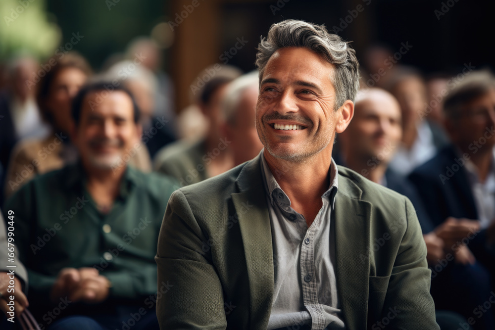Smiling man sitting in front of crowd of people. This image can be used to represent leadership, public speaking, or confident individual in social setting.