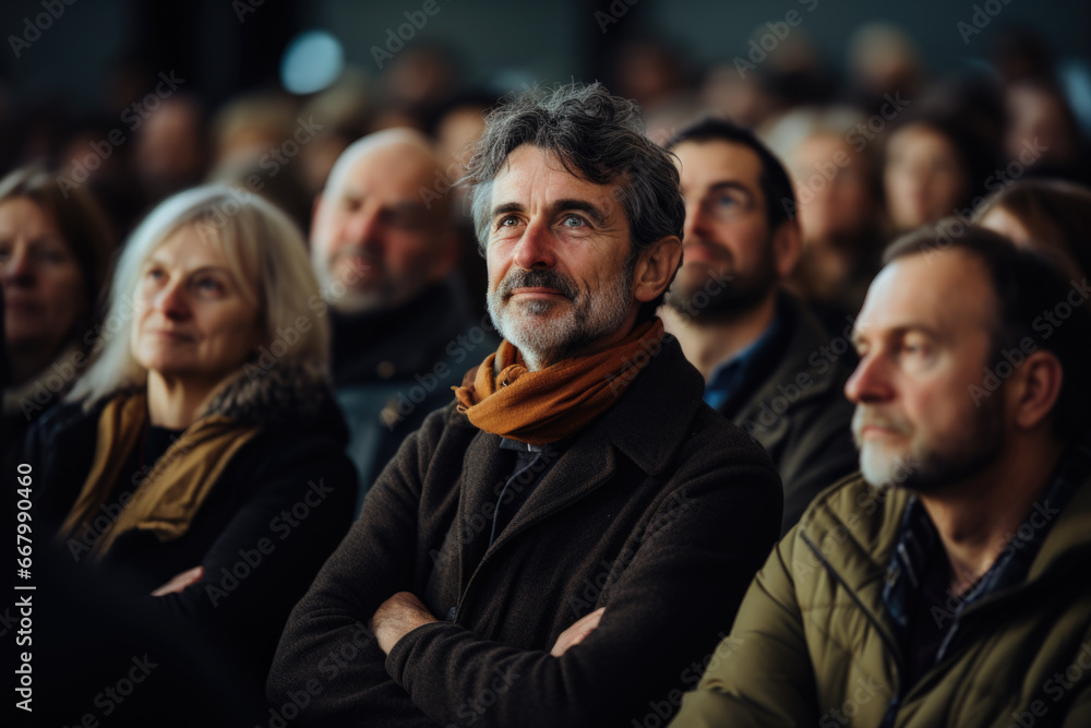 Group of people sitting in front of large crowd. Scenarios involving public speaking, presentations, conferences, or performances. Ideal for illustrating teamwork, leadership, or audience engagement. Group of people sitting in front of large crowd. Scenarios involving public speaking, presentations, conferences, or performances. Ideal for illustrating teamwork, leadership, or audience engagement.