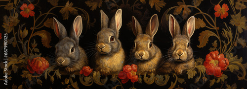 Fluffy bunnies with flowers and traditional patterns 