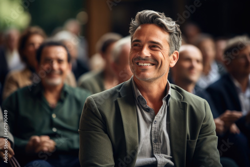 Smiling man sitting in front of crowd of people. This image can be used to represent leadership, public speaking, or confident individual in social setting.