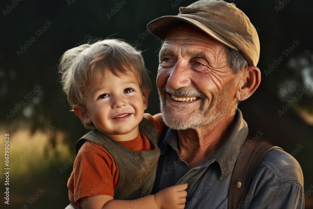 Older man is seen holding small child in his arms. This heartwarming image captures special bond between generations. Perfect for illustrating family, love, and care. Older man is seen holding small child in his arms. This heartwarming image captures special bond between generations. Perfect for illustrating family, love, and care.