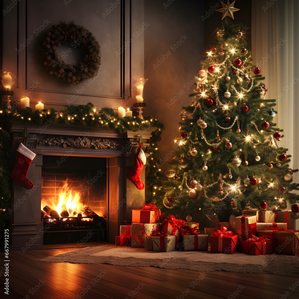 Christmas Tree with Decorations Near a Fireplace with Lights Christmas Tree with Decorations Near a Fireplace with Lights