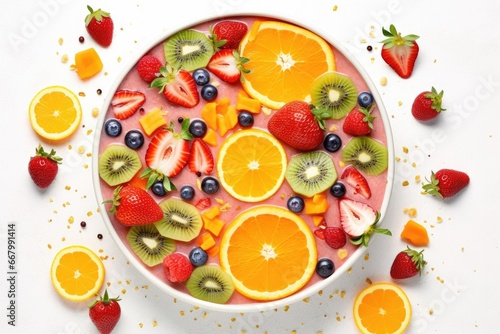 Overhead shot of fresh fruit slices beautifully arranged, hinting at a refreshing, healthy choice.