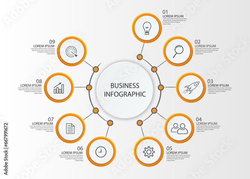 Business Infographic Template Design. Time line minimal concept with 9 options steps and marketing icons. Vector linear infographic with nine connected elements. Can be used for your business gifts