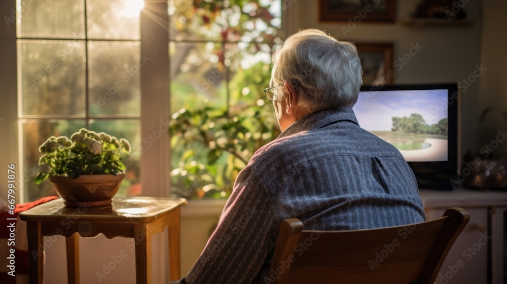 Rear view of senior American man home alone, elderly society Rear view of senior American man home alone, elderly society