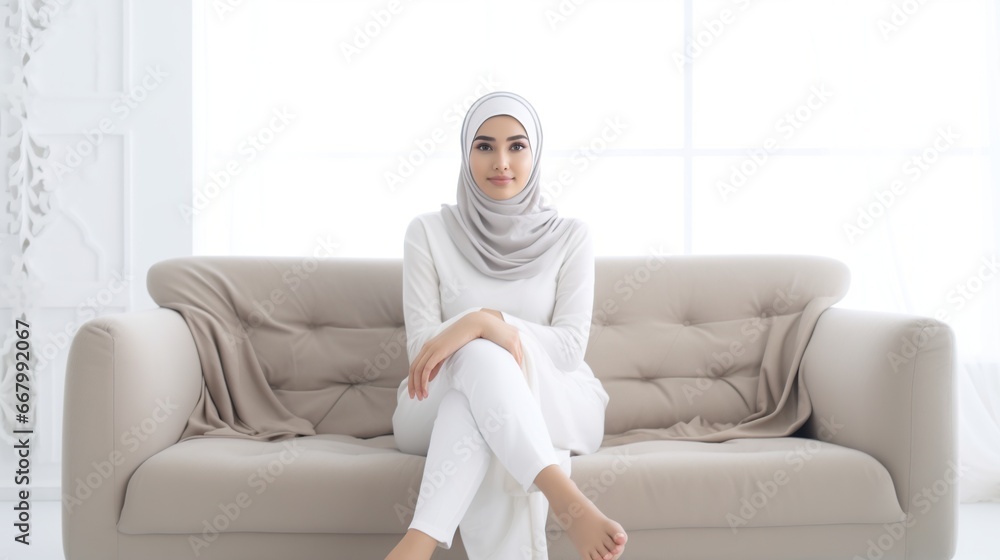 Muslim woman is relaxing sitting on the sofa Muslim woman is relaxing sitting on the sofa