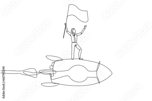 Single one line drawing of young successful businessman standing on flying rocket through the sky raising flag. Entrepreneur starting a new business startup. Continuous design graphic illustration