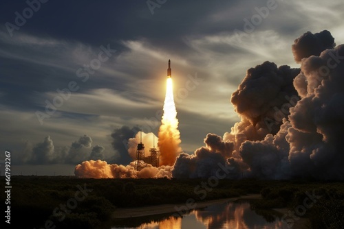 Spacecraft launches amid fiery clouds. Generative AI