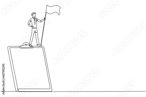 Single one line drawing of businessman standing on giant clipboard holding flag. Create a daily business plan for smooth running of the business. Planned business management concept .Continuous line