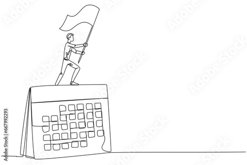 Single one line drawing of businessman standing on giant desk calendar raising flag. Starting small steps in a planned business pattern is key to success in achieving business profits. Continuous line