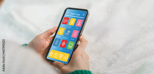 Wallpaper Mural Human use smartphone house smart home automation control system app, IOT, connected object, devices, innovation technology internet network, home, wi-fi, smart home technology concept Torontodigital.ca