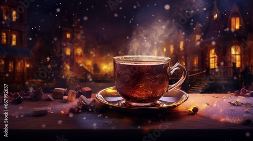 A warm mug of mulled wine  spices floating atop  set against a festive backdrop.
