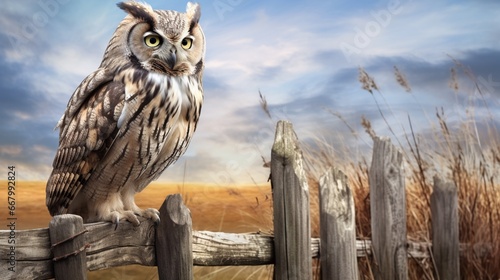 A wise old owl perched on a weathered fence post, its feathers ruffled by the breeze.