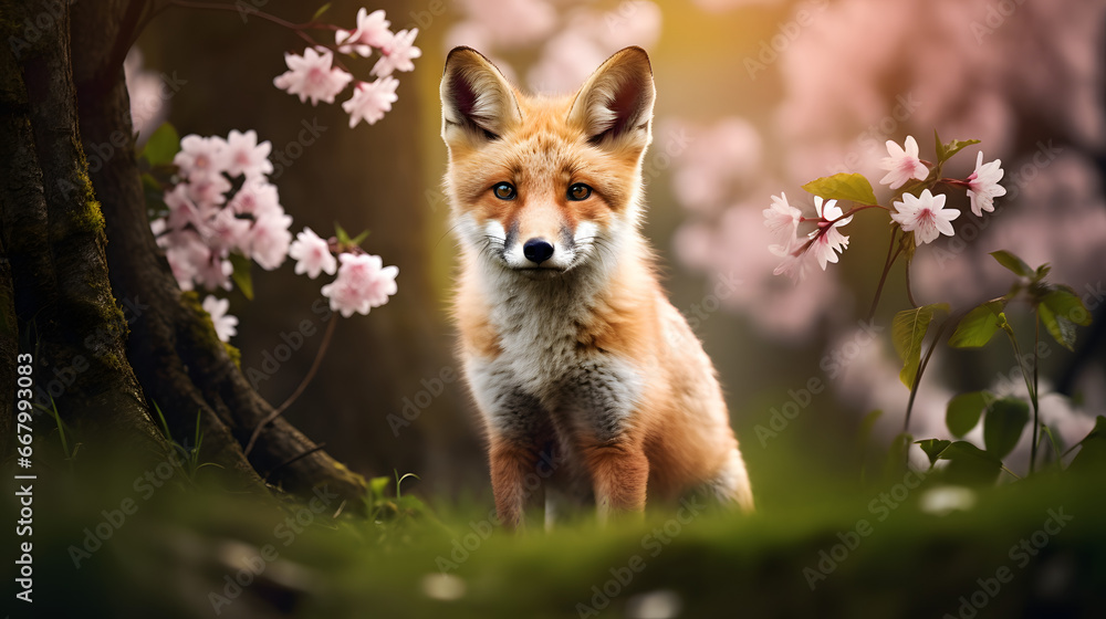 little fox in the forest among a flowering tree little fox in the forest among a flowering tree