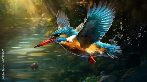 An agile kingfisher diving into a crystal-clear stream, emerging with a prize in its beak.