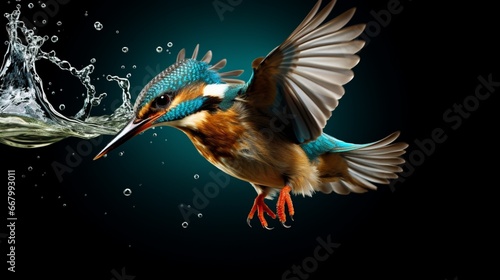 An agile kingfisher diving into a crystal-clear stream, emerging with a prize in its beak.