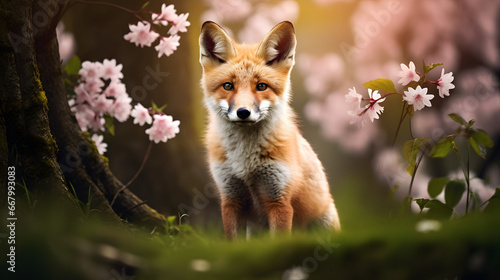 little fox in the forest among a flowering tree