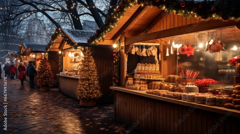 Brightly lit Christmas market stalls, offering festive treats and handcrafted ornaments.