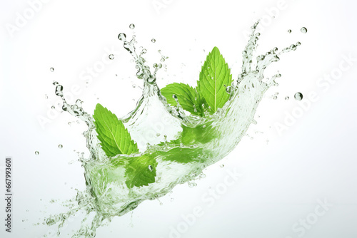 Mint leaves with water splash isolated on white background.