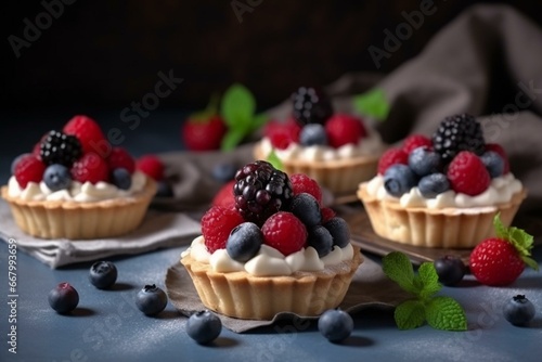 Delicious creamy tartlets topped with ripe berries. Generative AI