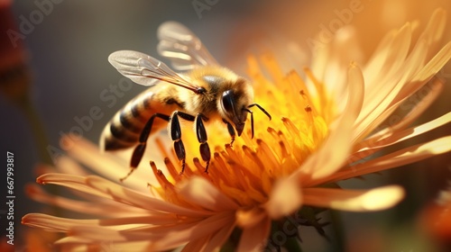Close-up of a bee pollinating a flower, its wings a blur in motion.