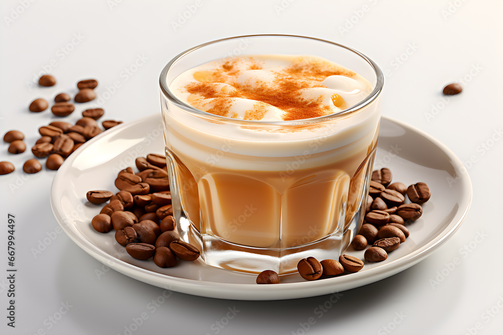 Coffee latte in a glass with coffee beans on white background Coffee latte in a glass with coffee beans on white background