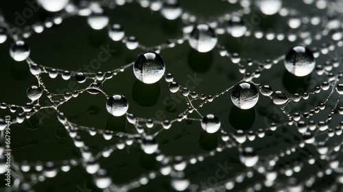 Close-up of morning dew on a spider web, each droplet glistening like a jewel.