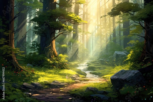 A lush  green forest with rays of sunlight filtering through the trees.