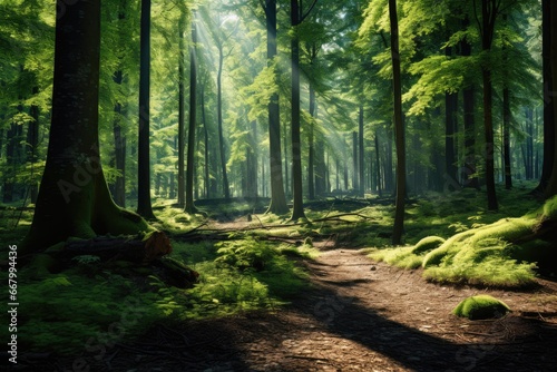 A lush  green forest with rays of sunlight filtering through the trees.