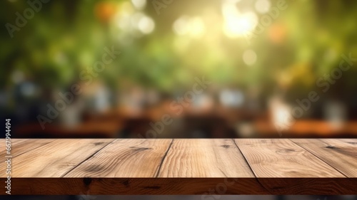 The empty wooden table top with blur background of outdoor cafe. Exuberant image. generative ai