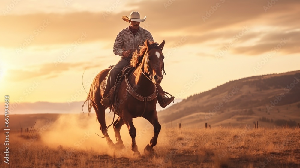 A man riding a horse in a cowboy hat A man riding a horse in a cowboy hat