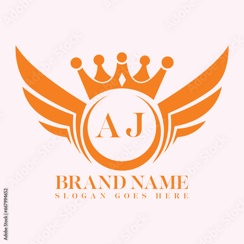 AJ Letter Initial with Royal Luxury Logo and Wings Symbol. Wings design element, initial Letter logo Icon, Initial Logo Template design.