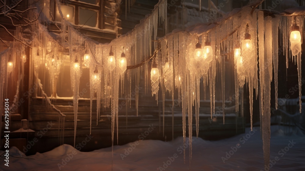 Glistening icicles hanging from a rooftop, bathed in the soft glow of outdoor lights.
