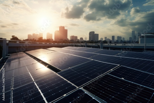 Solar panels on rooftops, harnessing clean energy from the sun.