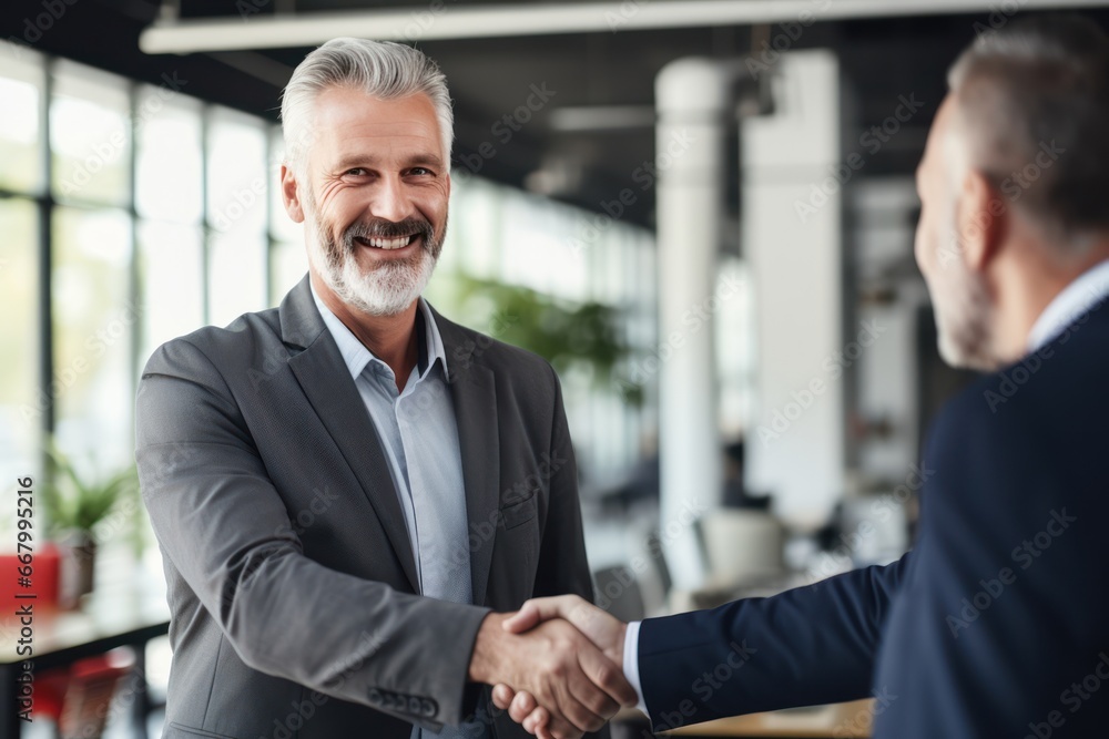 Smiling middle aged business man handshaking partner, making partnership collaboration agreement at office meeting. HR manager and new worker shake hands recruiting at job interview. 