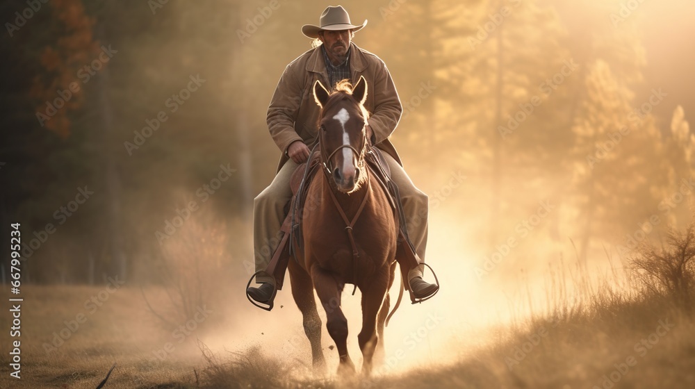 A man riding a horse in a cowboy hat A man riding a horse in a cowboy hat