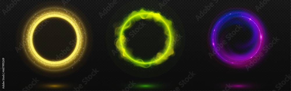 Magic energy effect circles set isolated on transparent background. Vector realistic illustration of yellow, green, blue portals with shimmering particles, smoke, futuristic design, avatar frames - obrazy, fototapety, plakaty 