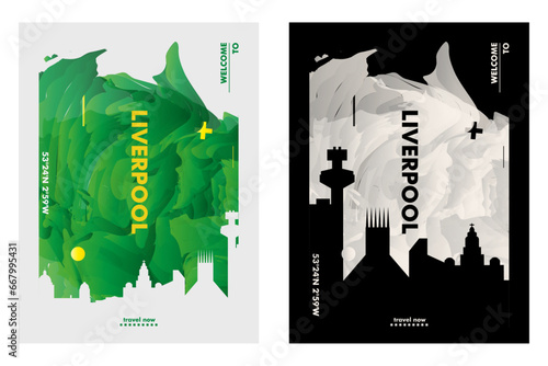 UK Liverpool city poster pack with abstract skyline, cityscape, landmark and attraction. North West England travel vector illustration layout set for vertical brochure, website, flyer, presentation