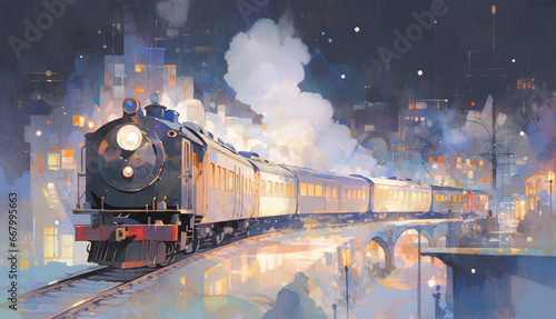 夜空と電車と線路の水彩画 photo