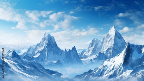 Majestic mountains standing tall, their snow-covered peaks piercing a clear blue sky.