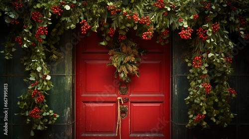 Mistletoe hung overhead in a doorway, awaiting a festive tradition.